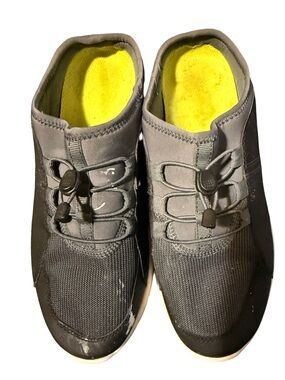 Gently Used Dark Blue Slip-On Athletic Sneakers with Bright Yellow Insoles